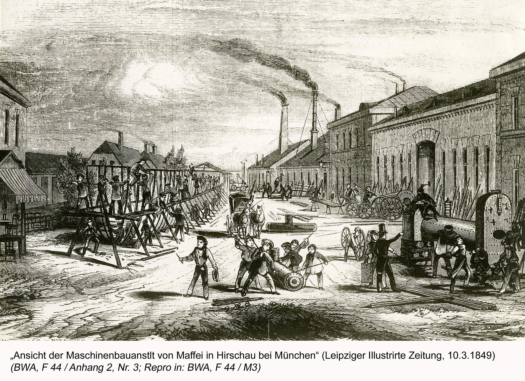 Im Hof der Münchner Lokomotivfabrik Maffei, 1849
