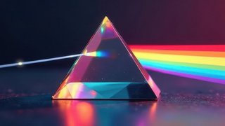 Close-up of prism dispersing light into rainbow spectrum, photon, refraction, diffraction Close-up of prism dispersing light into rainbow spectrum, photon, refraction, diffraction