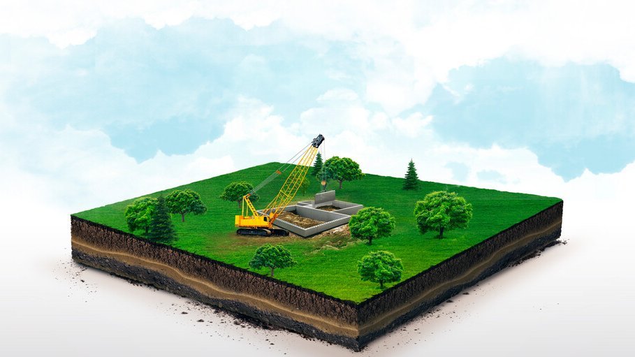 3d illustration of a soil slice, crawler crane, hoisting crane , building a house, on green meadow isolated on white background