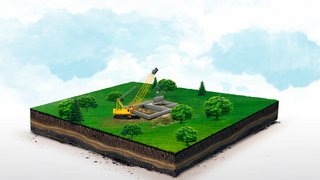 3d illustration of a soil slice, crawler crane, hoisting crane , building a house, on green meadow isolated on white background