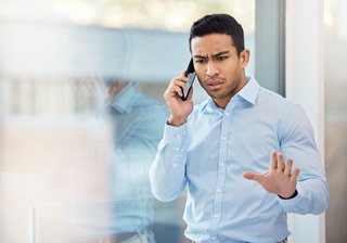 Phone call, stress and confused business man in office with problem, error and mistake for online discussion. Corporate, frustrated and person on smartphone for contact, talking and communication