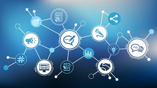 pr / public relations vector illustration. Blue concept with icons related to media relations, publicity, brand communication, media relation, content writing, journalism, press release, broadcasting.