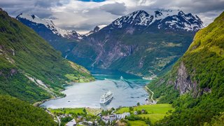 Above Geiranger fjord, ship and village, Norway, Northern Europe