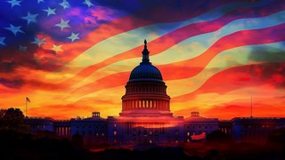 The White House with the American Flag flutter in the sunset, evening. Veterans Day Photo. Cool 4th of July, National Holiday Border. The White House, President Residence, Stars and Stripes.