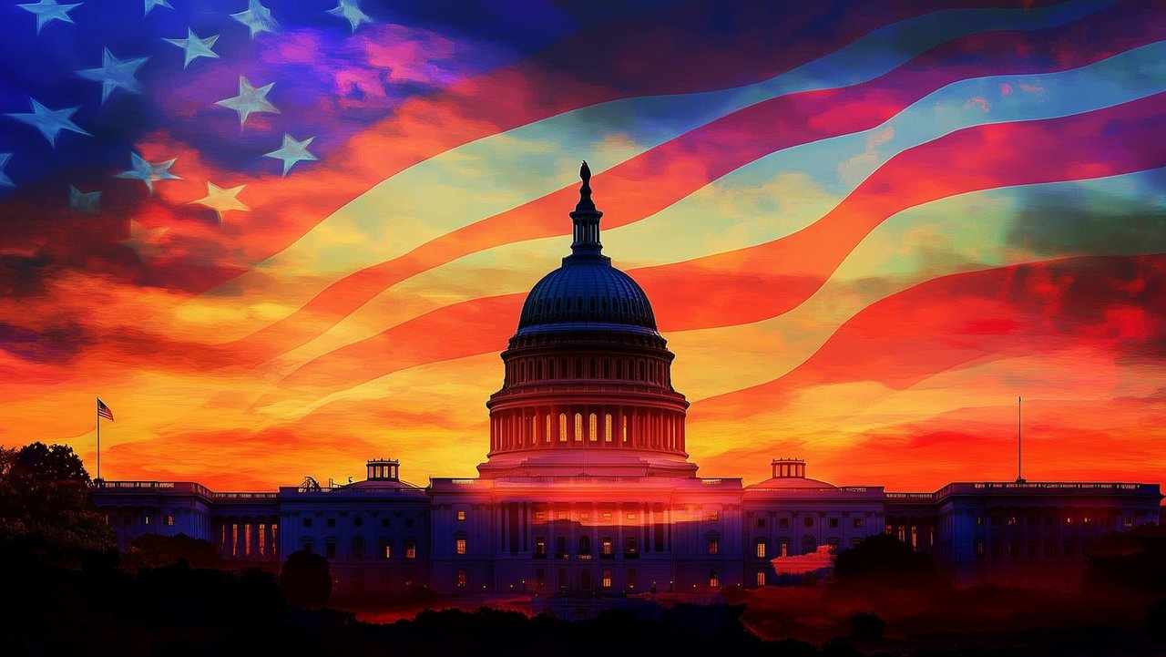 The White House with the American Flag flutter in the sunset, evening. Veterans Day Photo. Cool 4th of July, National Holiday Border. The White House, President Residence, Stars and Stripes.