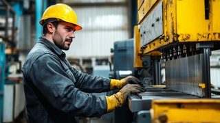 Ein Arbeiter bedient eine hydraulische Presse in einem Industriebetrieb.