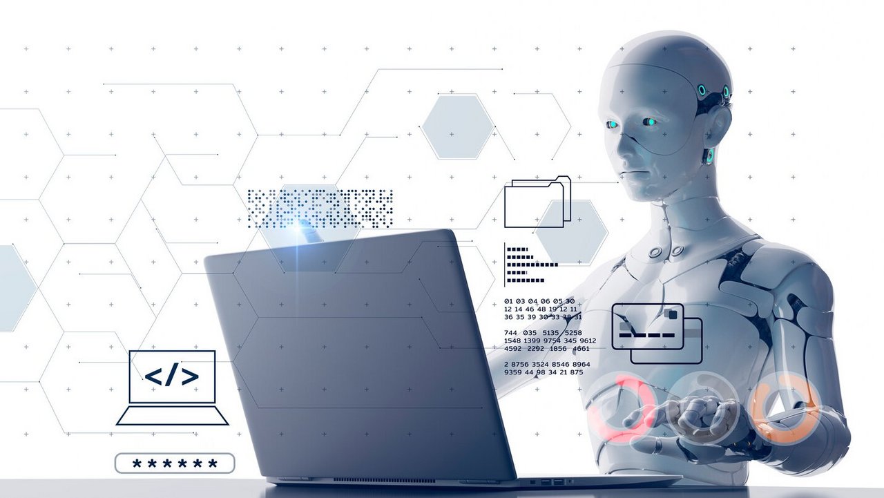 AI robot process automation RPA security cloud digital technology. futuristic background 3D robot artificial intelligence global online network virtual communication IoT VPN cybersecurity, security platform programming